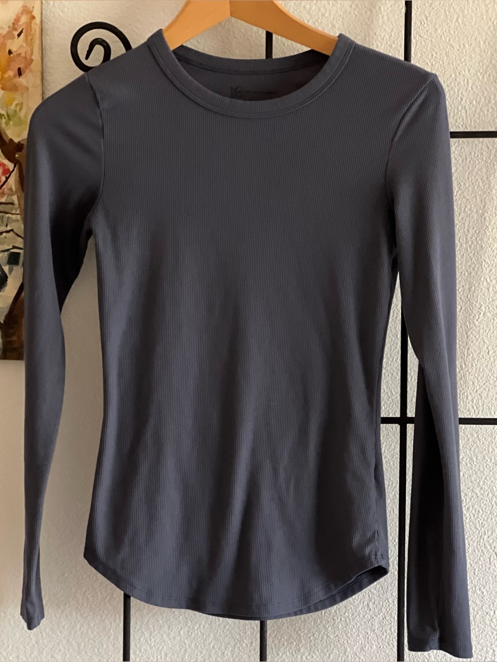 Long Sleeve Ribbed 90s Style, Minimalist Crew Neck Top - Purple, Size Small